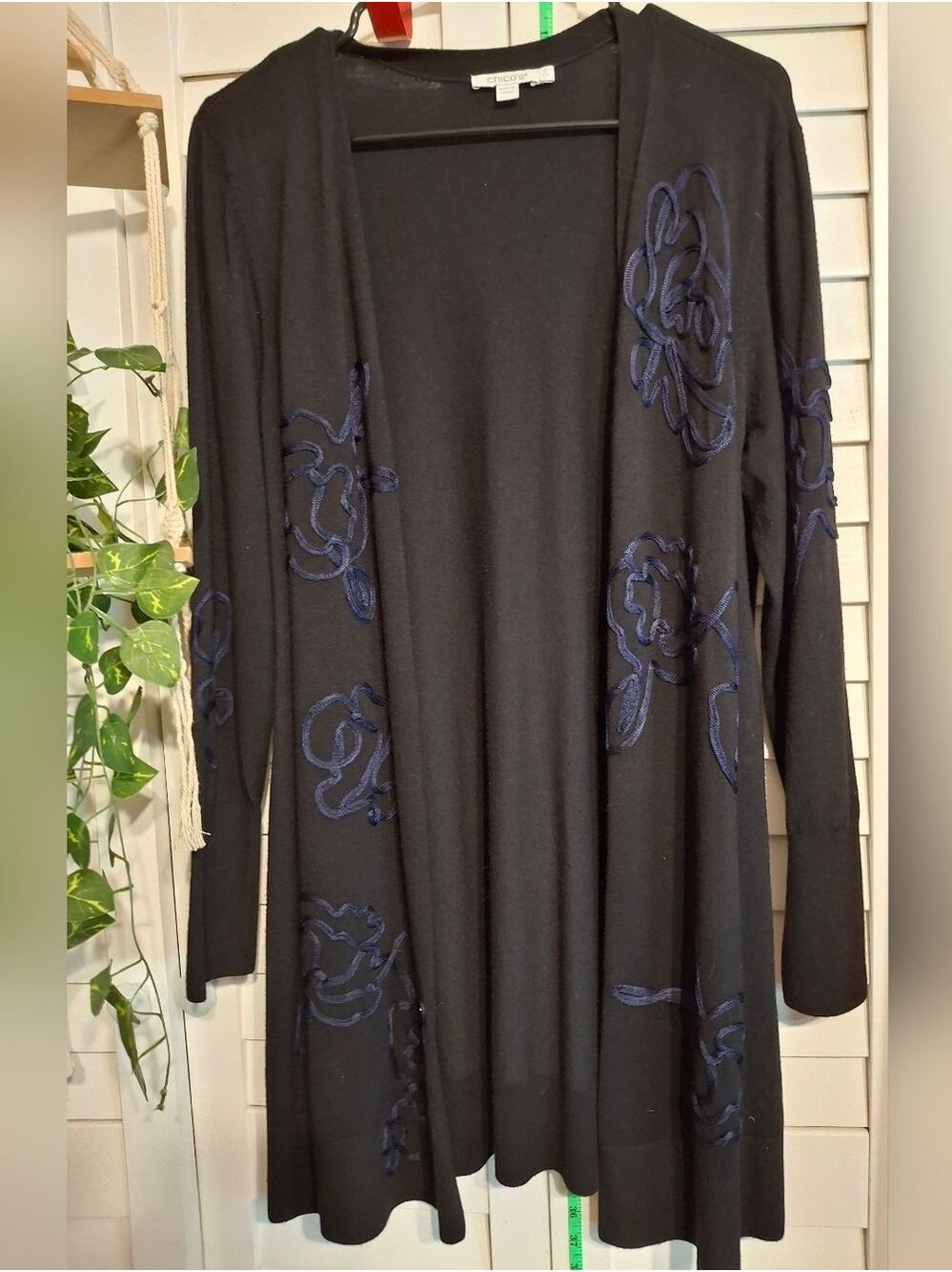 Chico's Black Knit Cover Up with Blue Embridering Sz 2